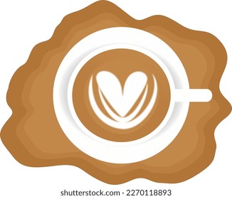Illustration of heart shaped coffee latte in white cup and coffee spill