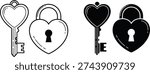 An illustration of heart shaped locks and keys in black and white, with a letter E on the bottom