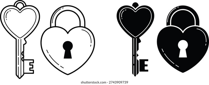 An illustration of heart shaped locks and keys in black and white, with a letter E on the bottom