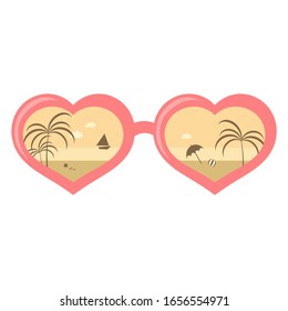 Illustration of a heart shaped sunglasses with beach reflection