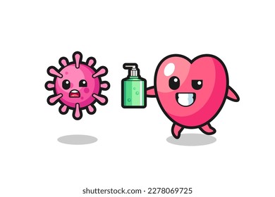 illustration of heart symbol character chasing evil virus with hand sanitizer , cute style design for t shirt, sticker, logo element