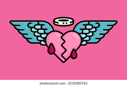 illustration of a heart that split and bleeding, dead and flying with wings like an angel. Can be used for birthdays, parties, Valentine Day, celebrations and printed on t-shirts, hoodies, tote bags