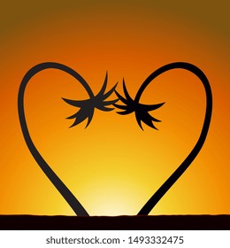 Illustration of a heart from two palm trees at sunset