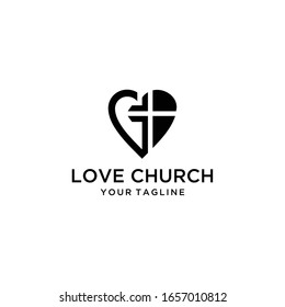 Illustration of heart vector logo sign. with a cross church symbol in it.