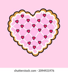 Illustration of heart waffle with pink icing sugar and small hearts