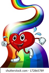 Illustration of a heart walking above the rainbow on a white background