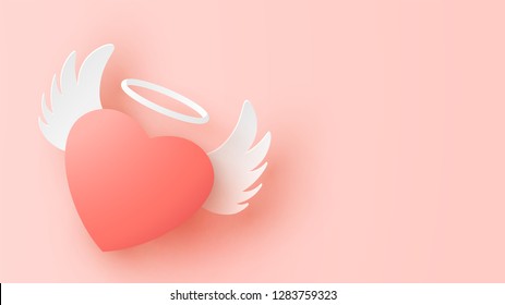 Illustration of heart with wings on Valentine's day and place for your text space. pastel background. paper cut and craft style. vector, illustration.