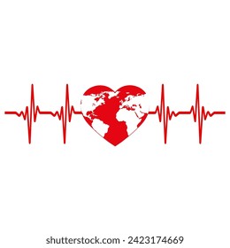 Illustration of a heart with a world map and pulse on a white background.