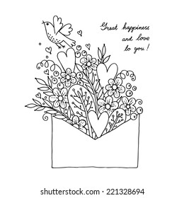 Illustration with hearts, bird and flowers. Vector illustration.