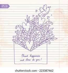 Illustration with hearts, bird and flowers. Vector illustration.