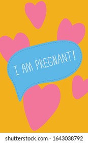 Illustration of hearts and a cloud with the text: I am pregnant!
