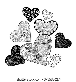 Illustration "Hearts" was created in doodling style in black and white colors. Painted image is isolated on white background. It  can be used as valentines card.
