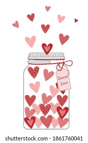 Illustration of hearts in the glass jar. Valentines day. Vector