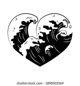 Illustration Of Hearts With Ocean Waves. Symbol Love. Design Element For Valentine Card. Tattoo. Surf Lover. Summer Vacation On Waves. 