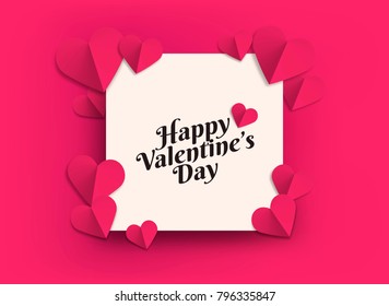 Illustration of hearts of pink color. Background hearts for cards, promotions, posters, banners and decoration. Design with hearts for lovers' day. Text Happy Valentine's Day. Vector.