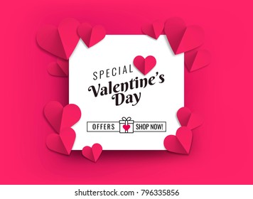 Illustration of hearts of pink color. Design for sale promotions with hearts for lovers' day. Banner, poster, flyer or card for sales on Valentine's Day. Vector.