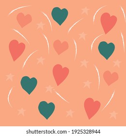 Illustration of hearts and stars isolated on orange background. Vector illustration.