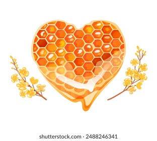 Illustration of a heart-shaped honeycomb dripping with honey, adorned with yellow flowers.