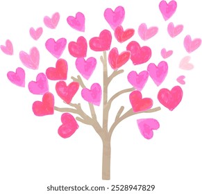 Ilustración de un árbol frondoso en forma de corazón (coloreado con lápices de acuarela)