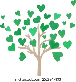 Ilustración de un árbol frondoso en forma de corazón (coloreado con lápices de acuarela)