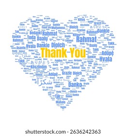 Illustration of a heart-shaped word cloud displaying the phrase 'Thank You' in various languages, symbolizing cultural connection, diversity, and global appreciation.