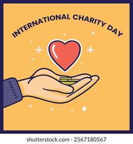 Illustration of a heartwarming design for International Charity Day featuring a hand holding coins and a heart symbol, emphasizing generosity and giving.