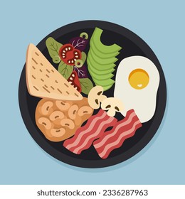 Illustration of a hearty healthy breakfast with fried egg, avocado, mushrooms, bacon and toast on a plate in flat style. Plate top view.