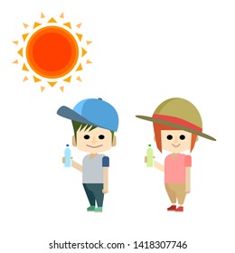 Illustration of heat stroke that boy and girl put on hat and carried hydration and performed heat stroke measures