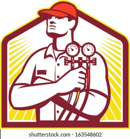 Illustration Of A Heating And Cooling Technician Or Refrigeration And Air Conditioning Mechanic Holding A Pressure Temperature Gauge Front View Inside Shield On Isolated Background Done Retro Style.