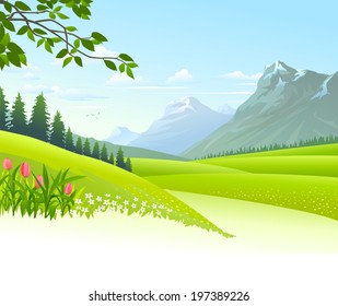 An illustration of heavenly landscape with lush green fields