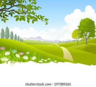 An illustration of heavenly landscape with lush green fields