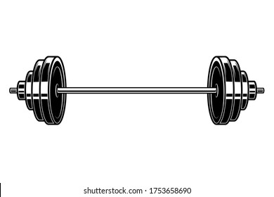 Illustration of heavy athletic barbell in engraving style. Design element for logo, label, emblem, sign, badge. Vector illustration