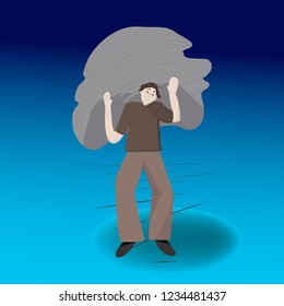 Illustration of heavy burden. Man carrying a heavy stone, emotions how hard it is to battle a stress. 