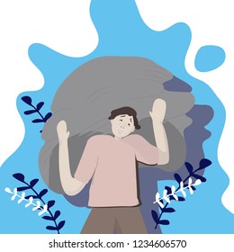 Illustration of heavy burden. A man carrying a heavy stone; emotional weight. 