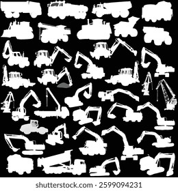 illustration with heavy machinery silhouettes isolated on black background