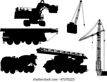 illustration with heavy machinery silhouettes isolated on white background