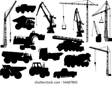 illustration with heavy machinery silhouettes isolated on white background