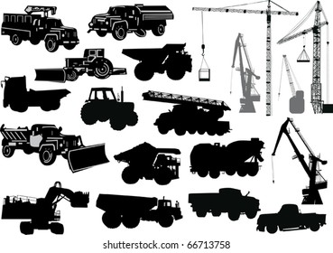 illustration with heavy machinery silhouettes isolated on white background