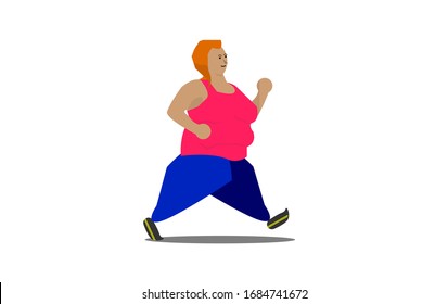 Ilustración de una mujer de peso pesado con atuendo deportivo va para una jog con fondo blanco aislado. Concepto de estilo de vida saludable. 