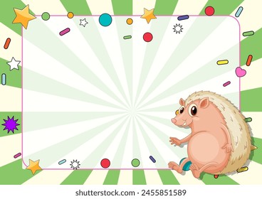 Illustration of a hedgehog amid vibrant party decor.