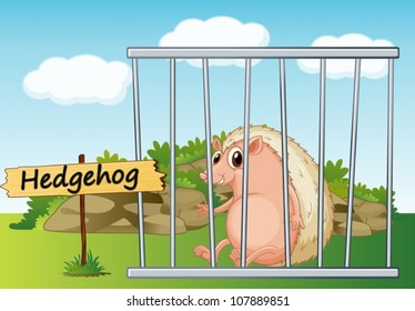 illustration of a hedgehog in cage and wooden board