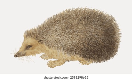 Illustration of a hedgehog with detailed spines and fur. The hedgehog is shown in profile, highlighting its spiky appearance and small features. Vintage animal illustration vector.