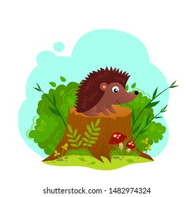 Illustration of a hedgehog sitting on the stump in the bushes and wild herbs. Piccture of a wild animal in its own habitat. Children illustration.