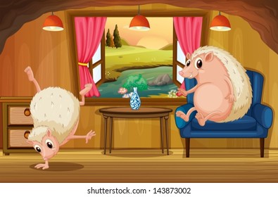 Illustration of the hedgehogs inside a house