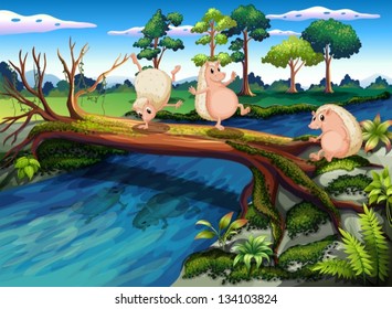 Illustration of the hedgehogs playing at the river