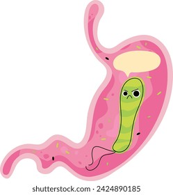 Ilustración de Helicobacter pylori, una bacteria que infecta la mucosa gástrica, dibujo colorido y humorístico, enfermedad inflamatoria intestinal y estomacal, revisión médica y nuevos tratamientos para curar