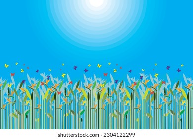 Illustration of Heliconia flower and butterfly with sun gradient on blue background.
