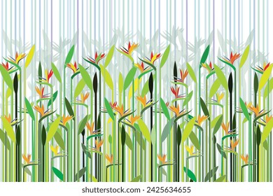 Illustration of Heliconia flower with leaf on shadow and line background.