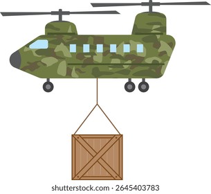 Illustration of a helicopter carrying supplies to disaster-stricken areas