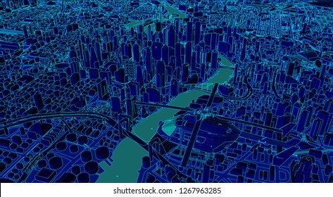 illustration of helicopter and new york city seen from above in wire frame style